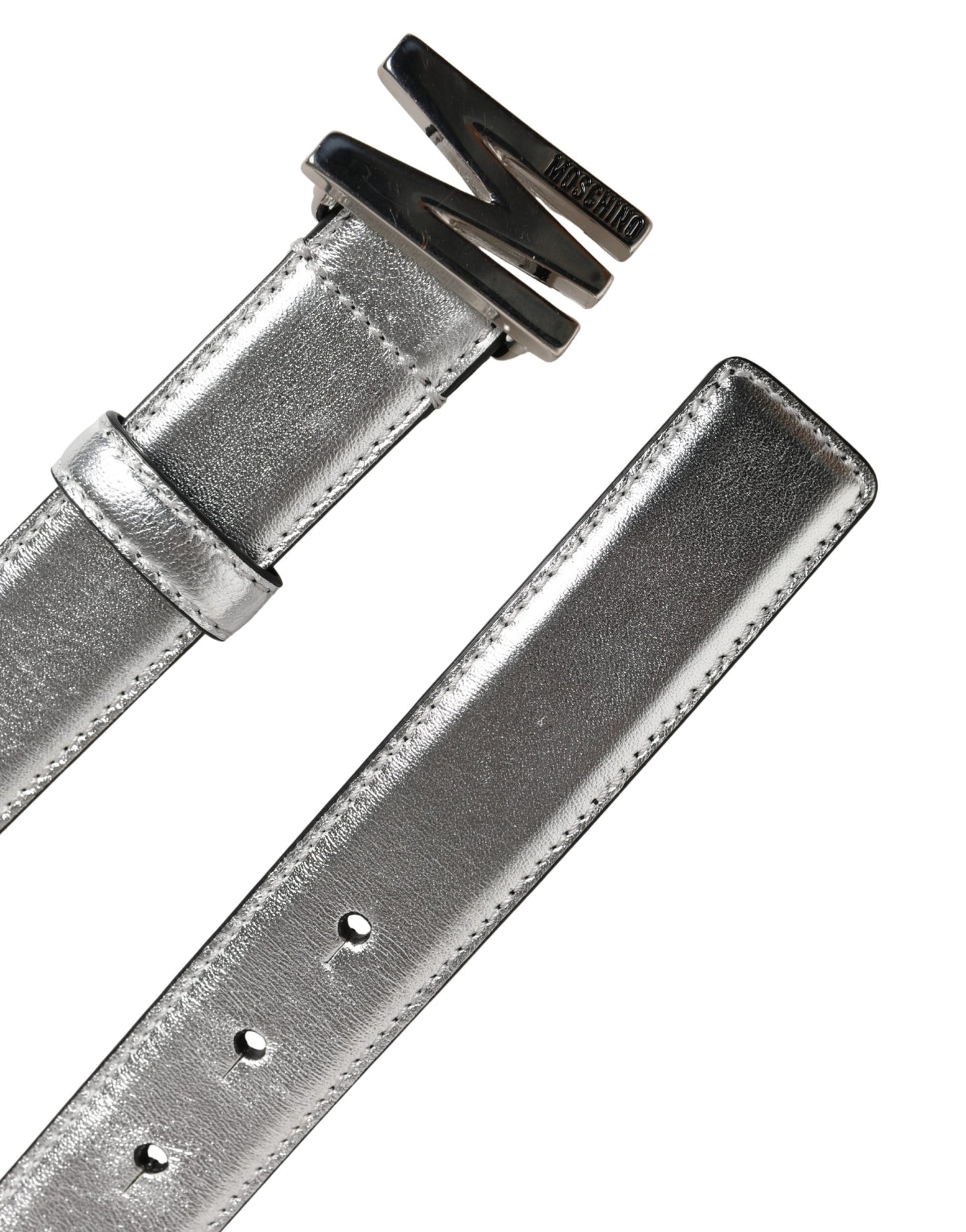 Moschino Couture Silver Leather Logo Metal Buckle Waist Belt