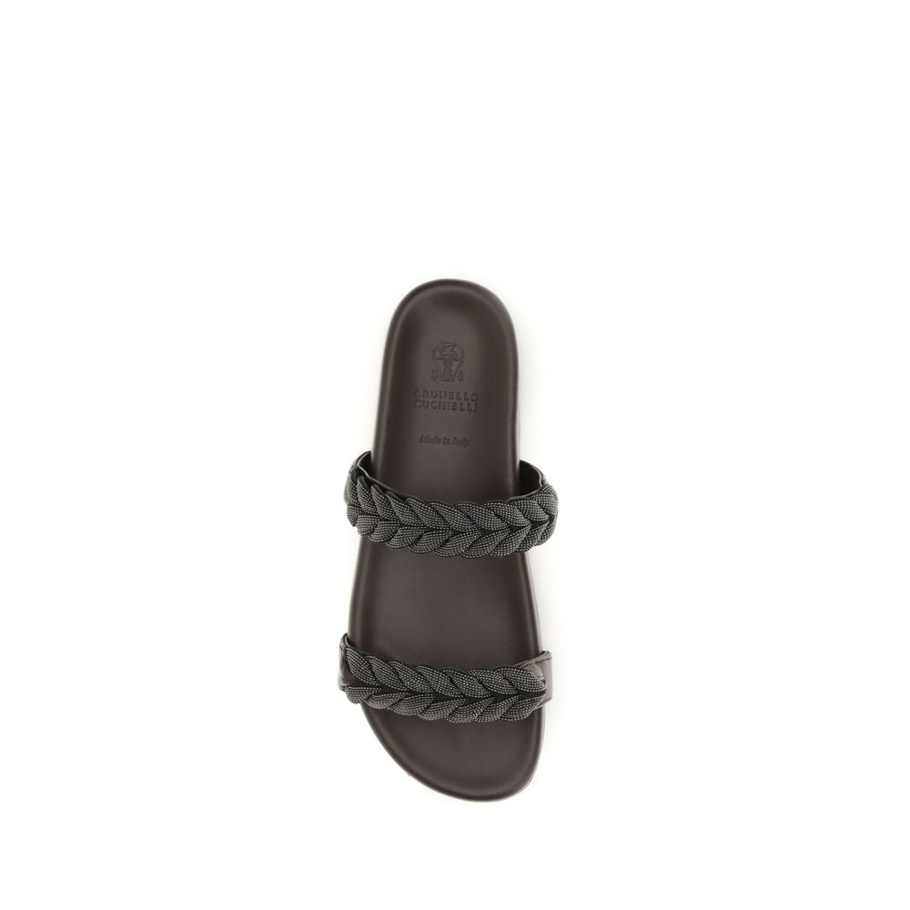 Brunello Cucinelli Brown Calf Leather Bos Taurus Flat Sandals