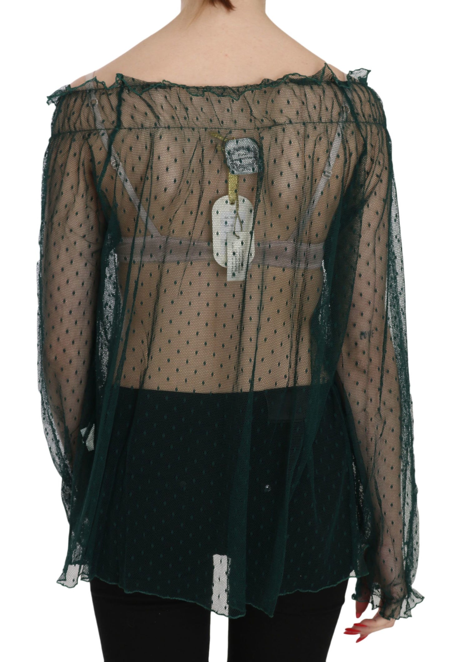 PINK MEMORIES Green Mesh See Through Long Sleeve Top Blouse