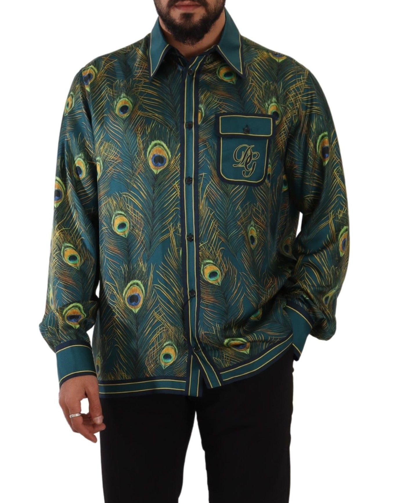 Dolce & Gabbana Peacock Feather Print Silk Pajama Mens Shirt