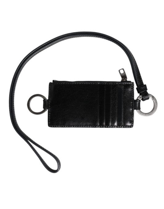 Dolce & Gabbana Black Leather Logo Embossed Lanyard Card Holder Wallet