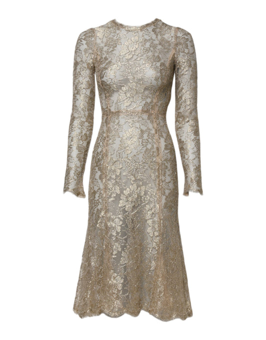 Dolce & Gabbana Gold Floral Lace Long Sleeves Fit & Flare Dress