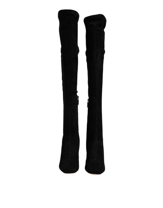 Dolce & Gabbana Black Suede Leather Knee High Boots Shoes
