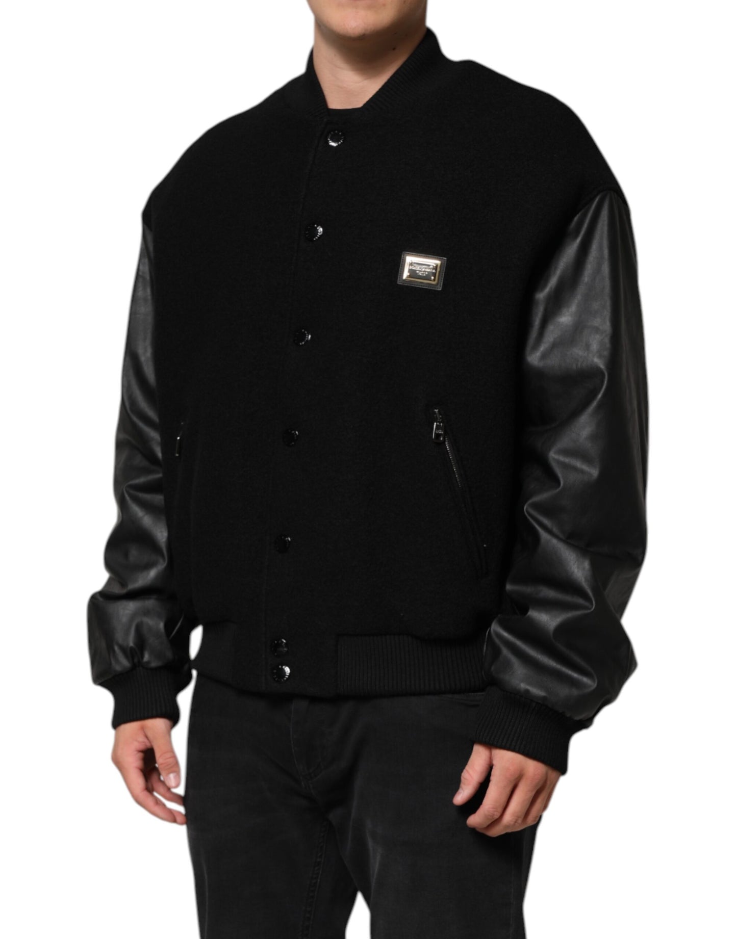 Dolce & Gabbana Black Wool Logo Plaque Bomber Jacket