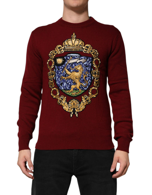 Dolce & Gabbana Burgundy Cashmere Lion Crest Pullover Sweater