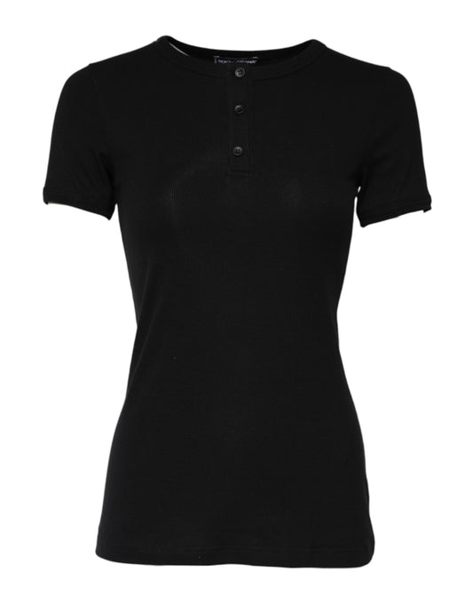 Dolce & Gabbana Black Cotton Henley Short Sleeves Top T-shirt