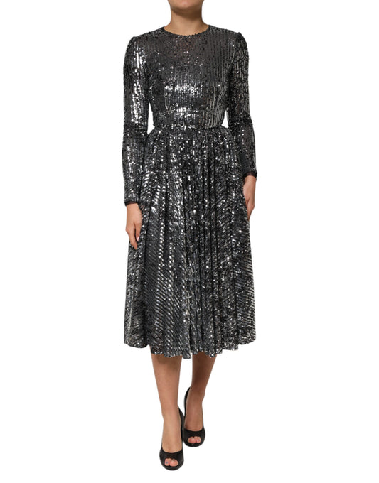 Dolce & Gabbana Black Sequined Long Sleeves Midi A-line Dress