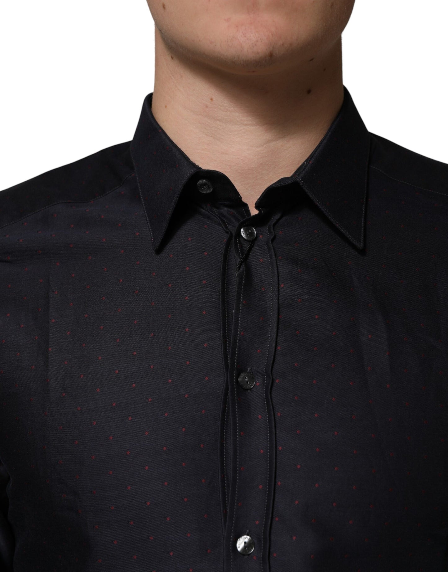 Dolce & Gabbana Black Dotted Cotton Collared GOLD Dress Shirt