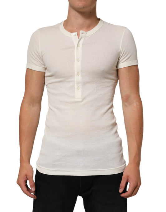 Dolce & Gabbana Off White Cotton Short Sleeve Henley T-shirt
