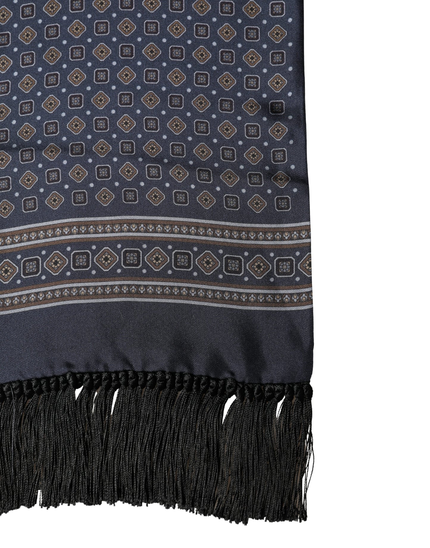 Dolce & Gabbana Navy Silk Geometric Fringe Foulard 137cm x 18cm Scarf
