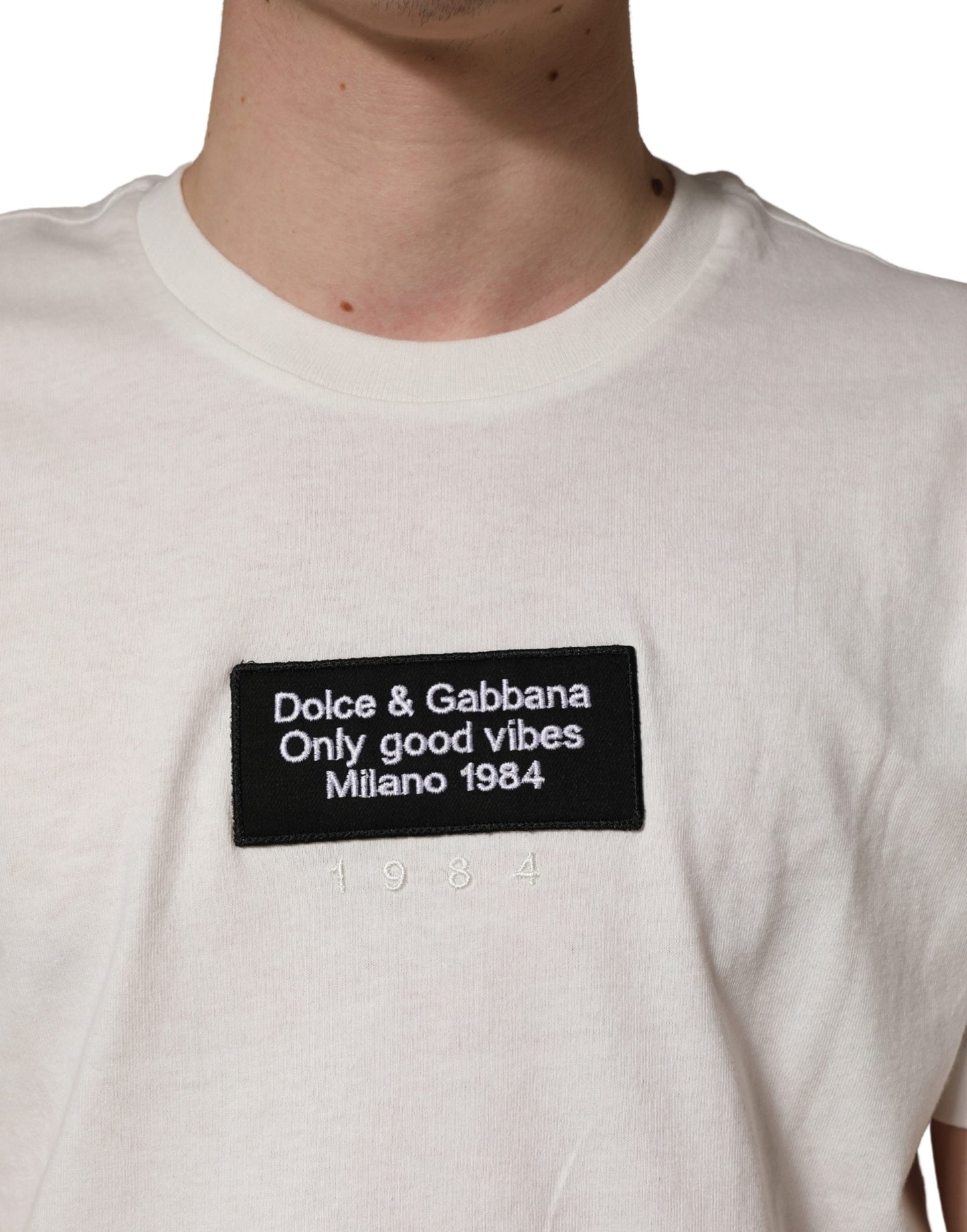 Dolce & Gabbana White Logo Patch Cotton Men Crew Neck  T-shirt