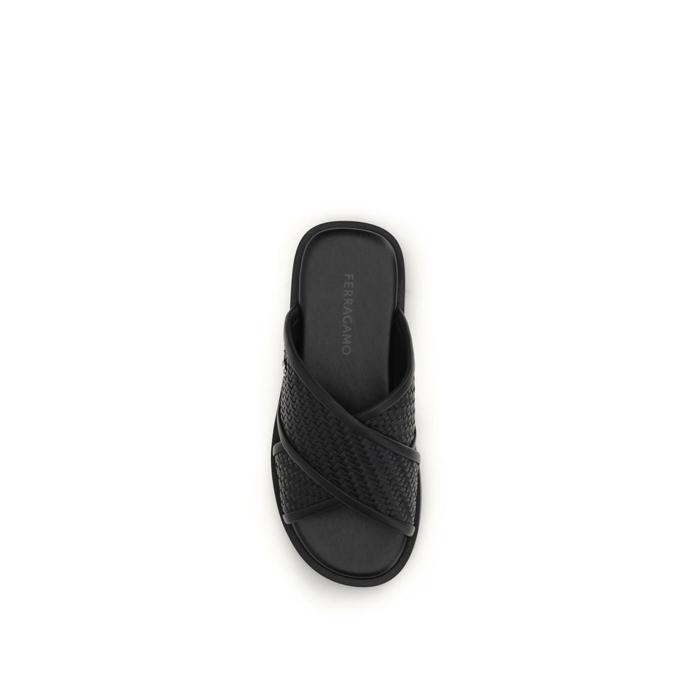 Ferragamo Black Calf Leather Bos Taurus Flat Sandals