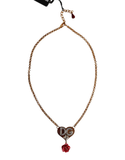 Gold Brass Cuore Heart Rose Crystal Embellished Necklace