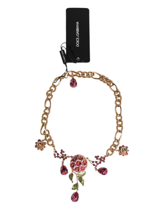 Multicolor Floral Decor Crystal Gold Brass Chain Necklace