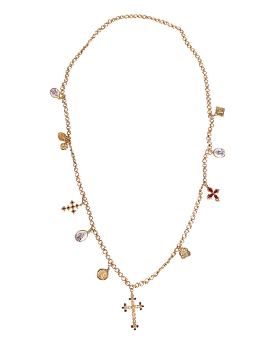 Gold Tone Brass Chain Religious Cross Pendant Necklace