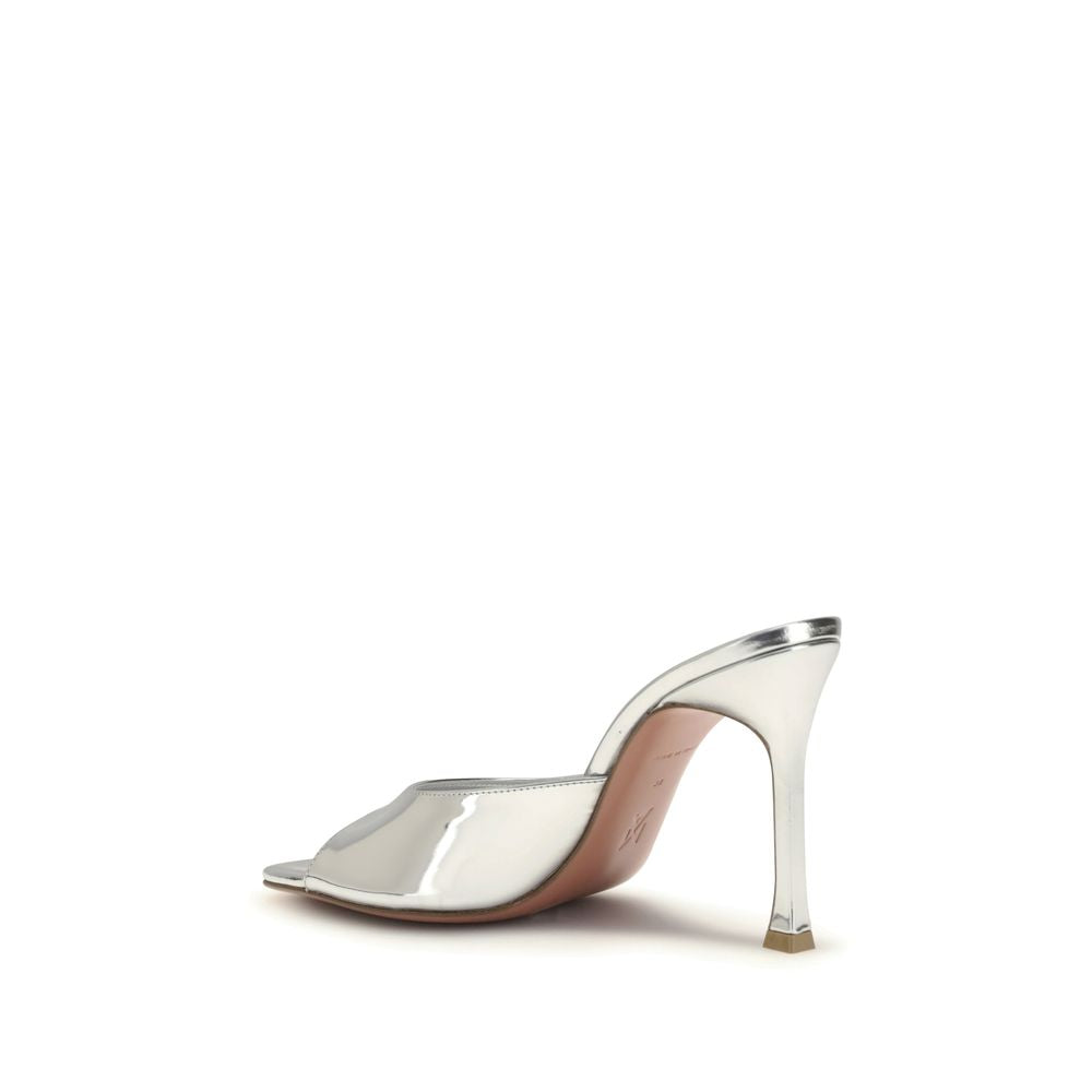 Amina Muaddi Silver Calf Leather Bos Taurus Stiletto Heel Sandals