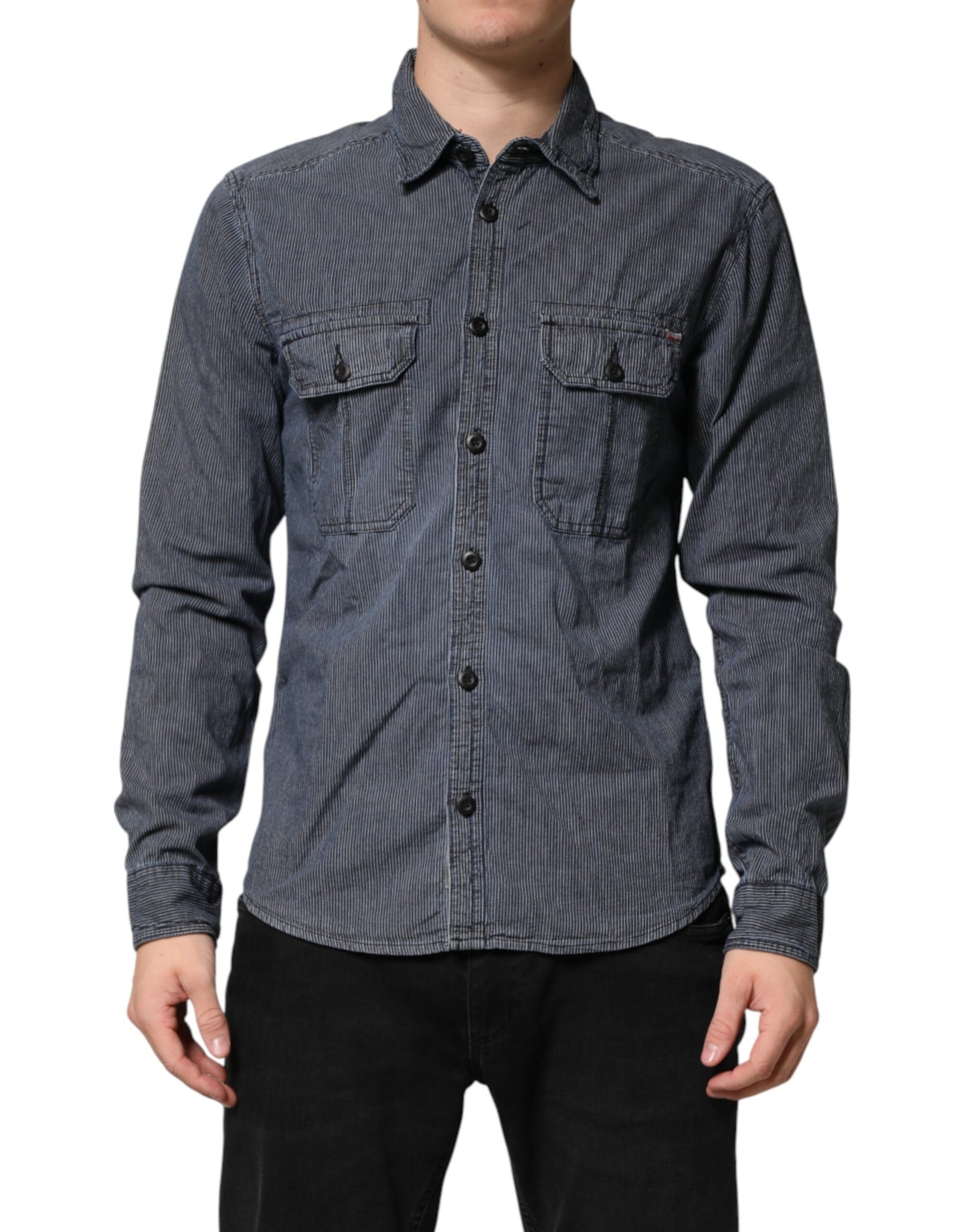 Jack & Jones Blue White Button Down Long Sleeves Men Denim Shirt