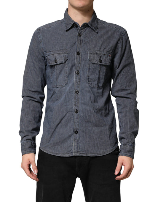 Jack & Jones Blue White Button Down Long Sleeves Men Denim Shirt