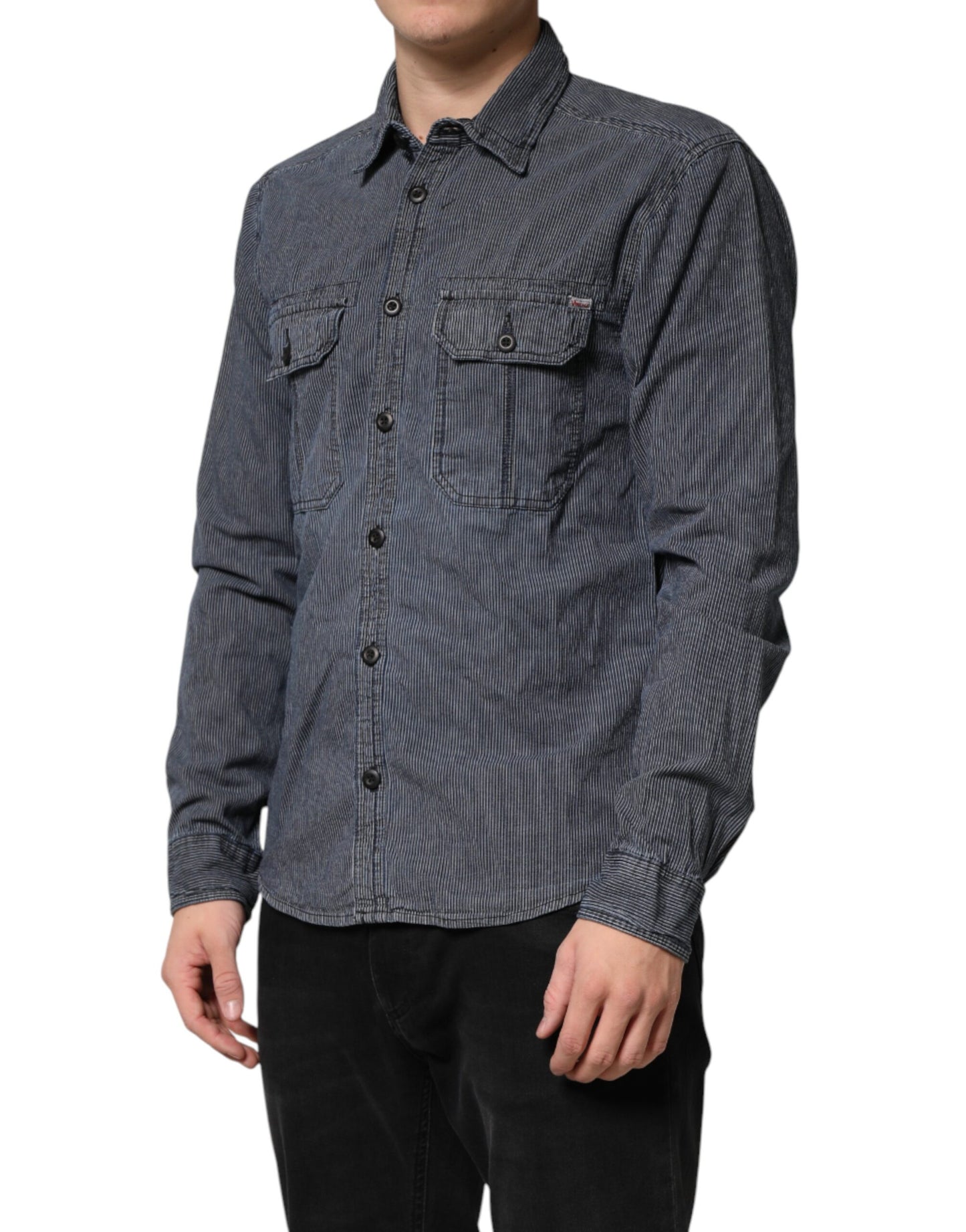 Jack & Jones Blue White Button Down Long Sleeves Men Denim Shirt
